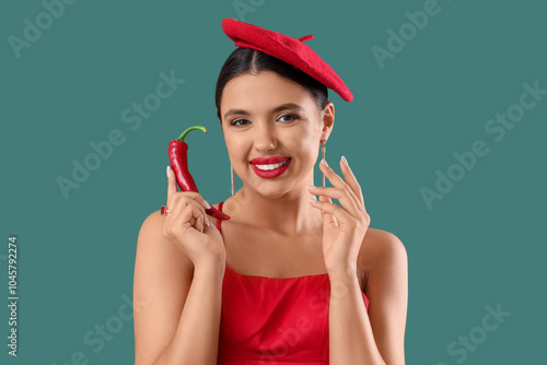 Sexy young woman in red dre...