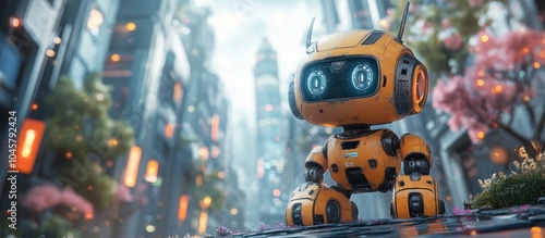 A small, friendly robot stands in a futuristic cityscape with cherry blossom trees.