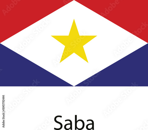 The flag of Saba is a white diamond shape with a yellow five-pointed star in the center, bordered by a red triangle on the top and a blue triangle on the bottom.