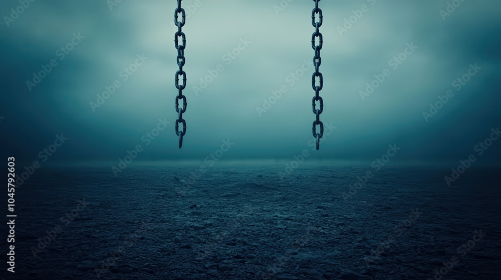 The Silent Echo of Chains Suspended in a Mysterious Foggy Landscape