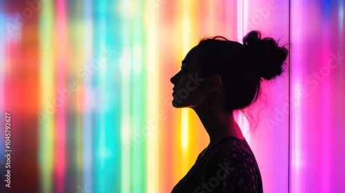 A silhouette of a person standing in profile against a vibrant wall of colorful lights, embodying concepts of identity, reflection, and the interplay of light and shadow.