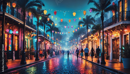 New Orleans Mardi Gras Extravaganza: Street Party with Bright Floats, Energetic Music, and Colorful Festivities