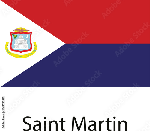 The national flag of Saint Martin featuring a red, blue, and white tricolor with a white triangle and the country's coat of arms on the left side.