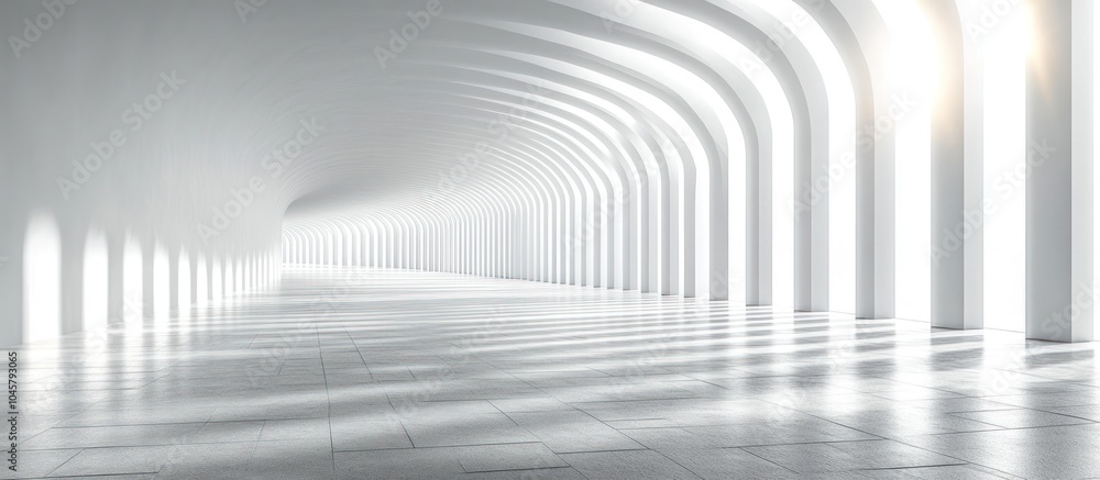 Naklejka premium A spacious, minimalist corridor with arched white columns and soft lighting.