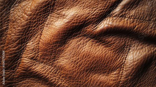 Close up of a brown leather surface. The leather is very thick and has a very rich, deep color photo