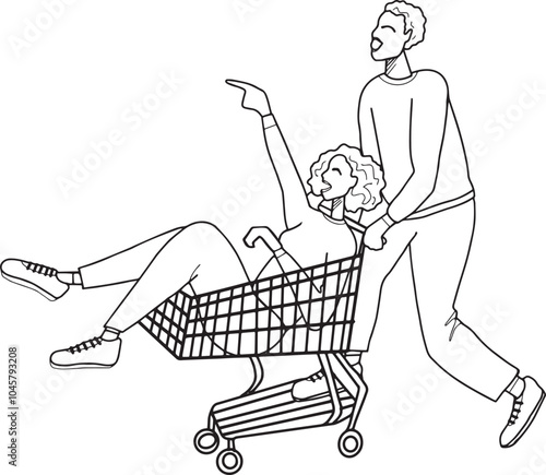homme pousse chariot de supermarché femme assise doigt vers l'avant grand sourire shopping soldes black friday
