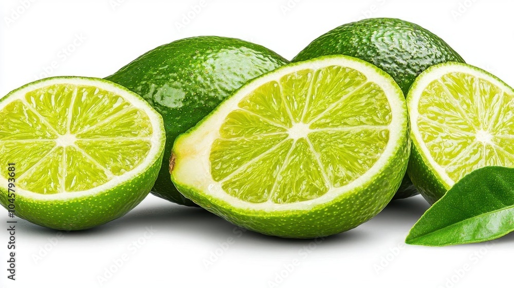 A photostock of an avocado half with lime slices, white background, clean design A photostock of an avocado half with lime slices, white background, clean design