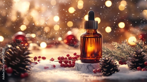 A brown glass bottle of essential oil with a dropper sits on a white stone pedestal. It is surrounded by pine cones, holly berries, and a few sprigs of evergreen. photo