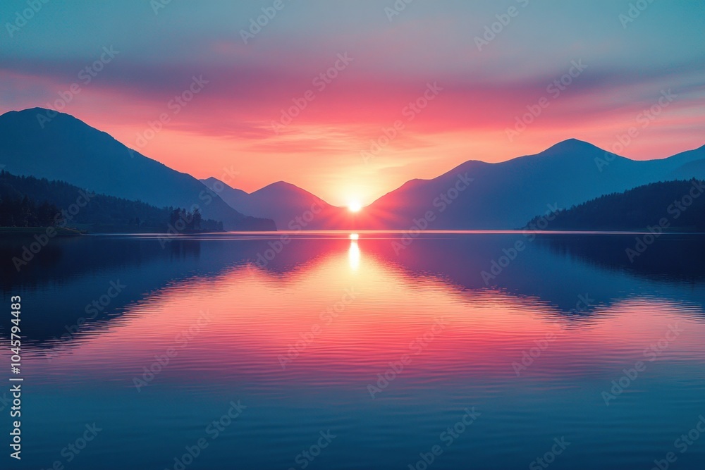 A serene sunset over a tranquil lake, reflecting vibrant colors and surrounding mountains. A serene sunset over a tranquil lake, reflecting vibrant colors and surrounding mountains.