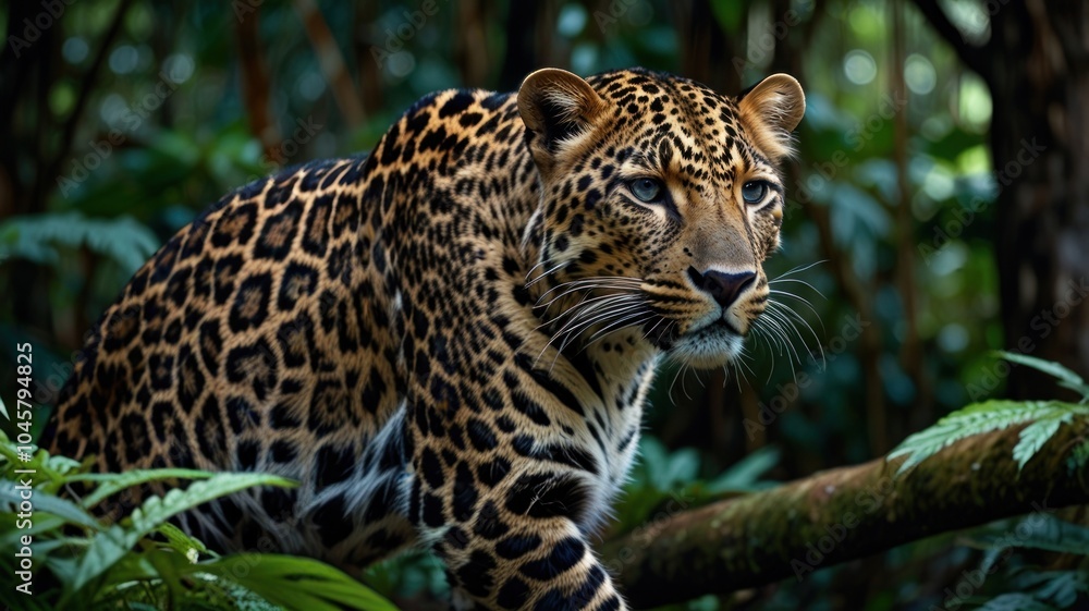 A majestic leopard with piercing blue eyes stares intently from a tree branch in a lush green jungle. A majestic leopard with piercing blue eyes stares intently from a tree branch in a lush green jungle.