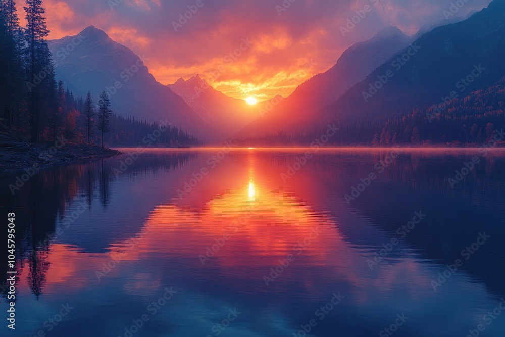 A serene sunset over a tranquil lake, reflecting vibrant colors and surrounding mountains. A serene sunset over a tranquil lake, reflecting vibrant colors and surrounding mountains.