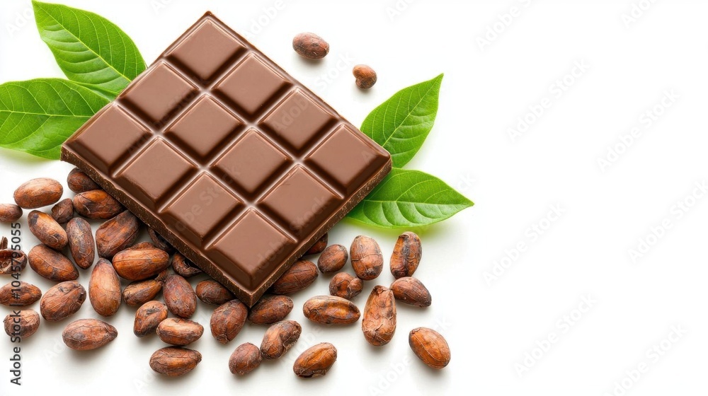 Fototapeta premium A photostock of chocolate bars with cocoa beans, white background, soft focus