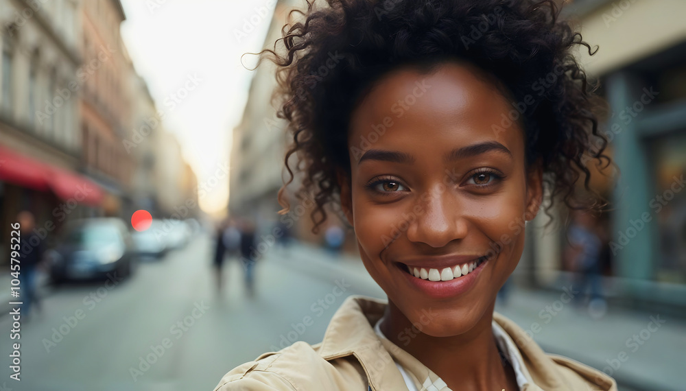 Beautiful young elegant alternative black female model taking selfie in the street, fashion and lifestyle, people, background