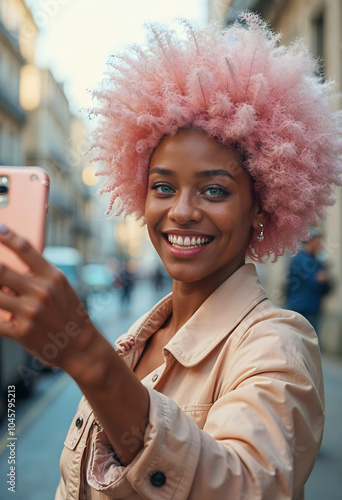 Obraz na płótnie Beautiful young elegant alternative black female model taking selfie in the street, fashion and lifestyle, people, background w salonie