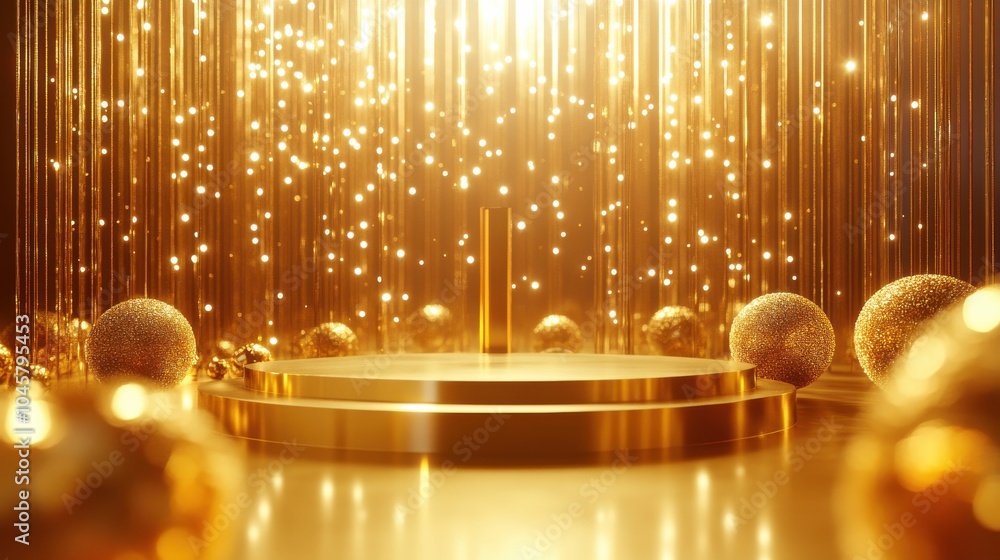 Elegant abstract golden background with shimmering lights and sparkles creating a luxurious and glamorous atmosphere on a circular stage with golden balls.