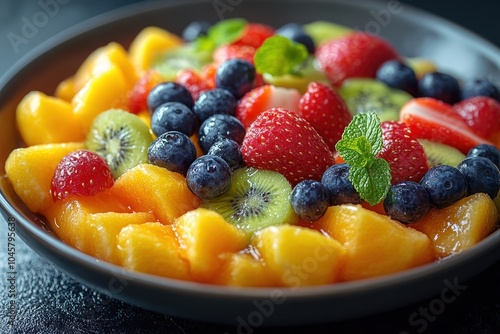 A colorful fruit salad featuring strawberries, blueberries, kiwi, and mango.