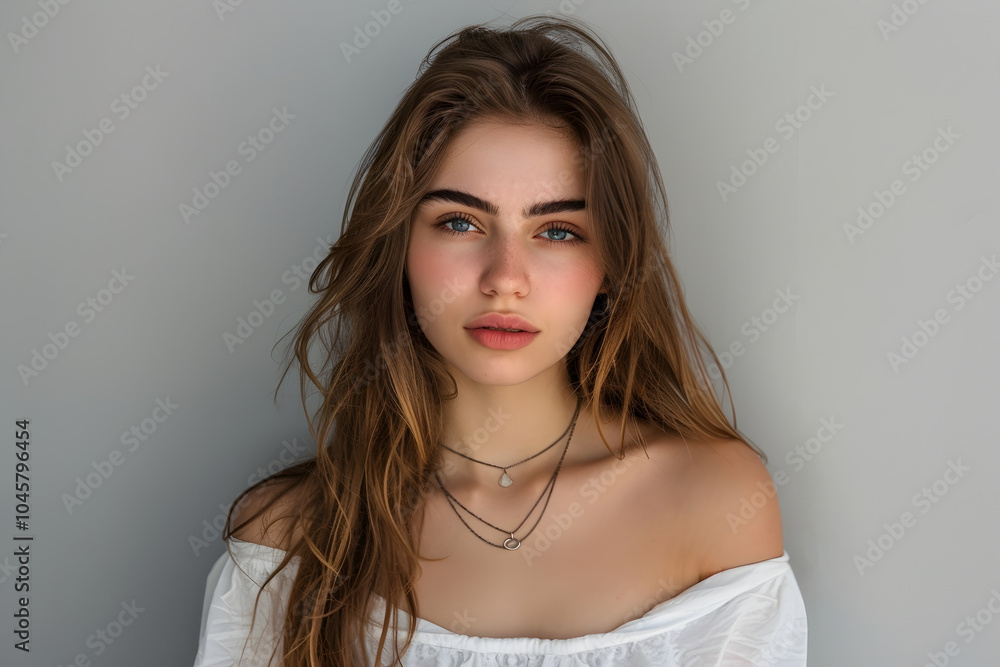Portrait of Bulgarian Girl on gray background copy space Portrait of Bulgarian Girl on gray background copy space