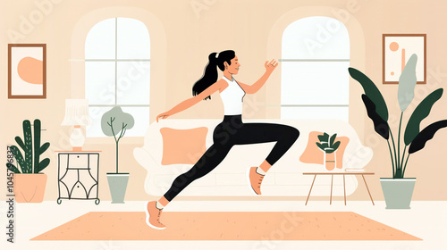 Woman exercising at home in modern living room interior with plants