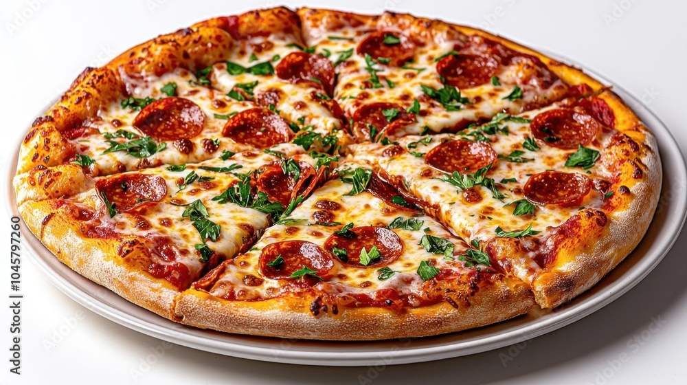 A photostock of pizza with various toppings on a white plate, clear focus, clean background A photostock of pizza with various toppings on a white plate, clear focus, clean background