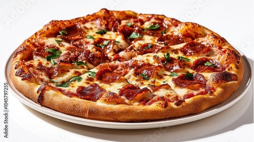 A photostock of pizza with various toppings on a white plate, clear focus, clean background