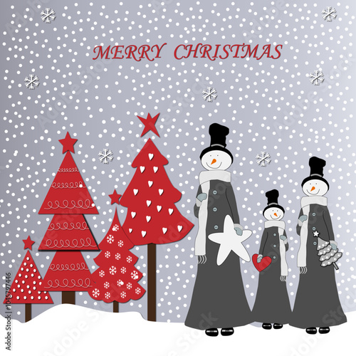 Felicitación de navidad con muñecos de nieve y abetos rojos.