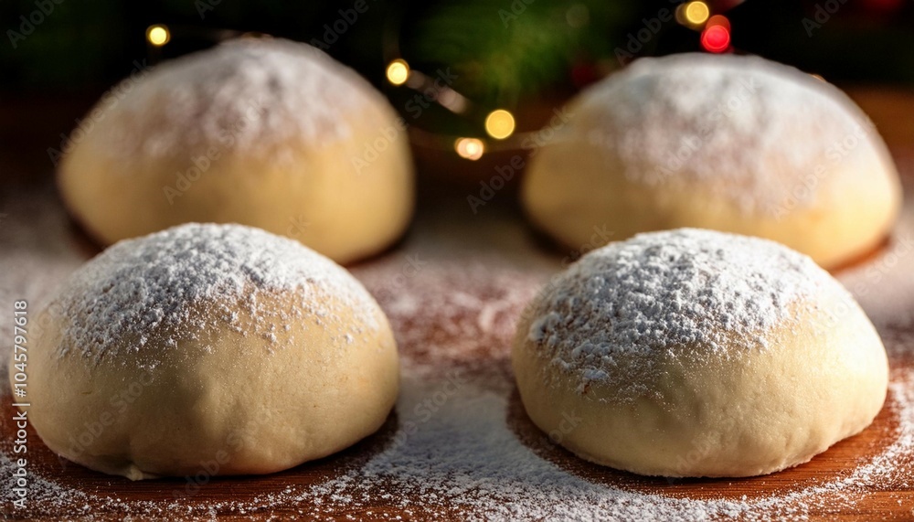 a close up of four dough balls with powdered sugar on top a close up of four dough balls with powdered sugar on top