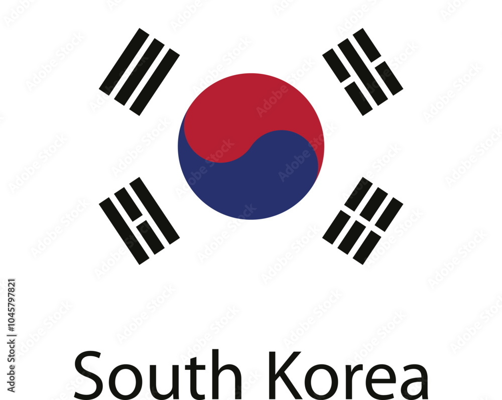 The South Korean flag, featuring a red and blue yin-yang symbol in a white circle surrounded by four black trigrams. The South Korean flag, featuring a red and blue yin-yang symbol in a white circle surrounded by four black trigrams.
