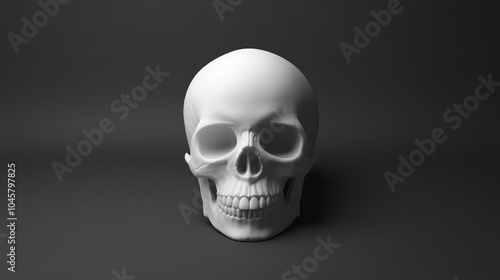 A simple white skull on a dark gray background, with minimal lighting creating a stark, eerie atmosphere