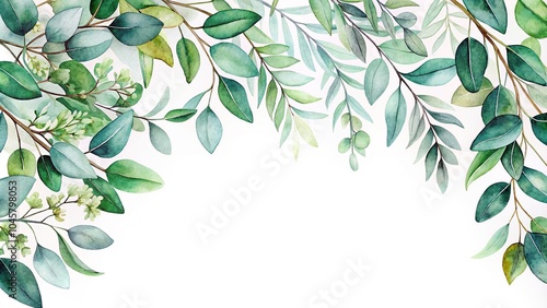 Watercolor painting of greenery branch with abstract floral patterns in shades of green and blue, captured from a low angle