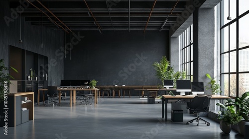 Modern industrial office interior with large windows, concrete walls, wooden desks, and black chairs.