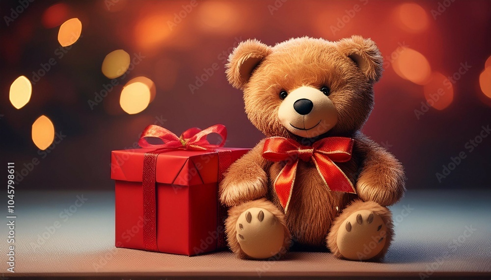 a teddy bear is sitting next to a red box with a red bow on it a teddy bear is sitting next to a red box with a red bow on it