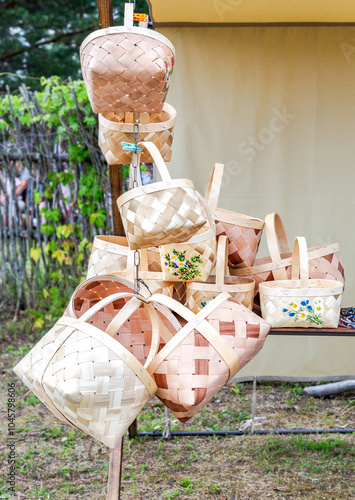 Handmade wicker baskets ready for sale at the local market