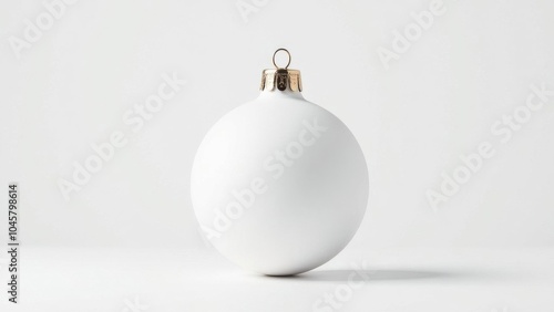 A simple white Christmas ball with a golden cap placed on a light surface, highlighting its smooth texture and minimalistic design