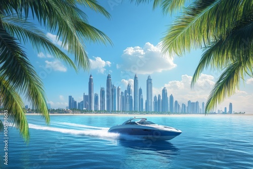 A sleek boat glides over turquoise waters with a backdrop of a bustling city skyline and palm trees under a bright sky filled with fluffy clouds photo