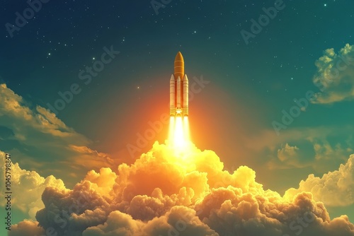 A powerful rocket breaks through the clouds, symbolizing ambition, progress, innovation, exploration, and the future.