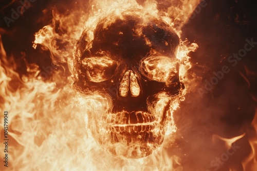 A mesmerizing fiery skull shrouded in flames, symbolizing death, rebirth, passion, destruction, and power.