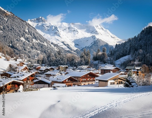 alpendorf im winter mit schnee photo