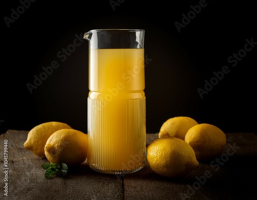 an interestingly shaped juice with lemons next to it standing in a dark environment