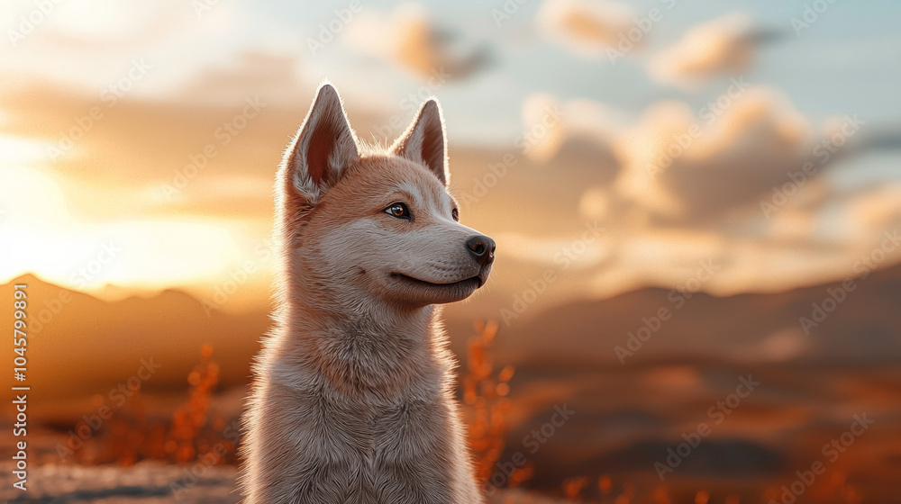 detailed 3D render of Siberian Husky puppy, showcasing its playful expression against stunning sunset backdrop. warm colors create serene atmosphere detailed 3D render of Siberian Husky puppy, showcasing its playful expression against stunning sunset backdrop. warm colors create serene atmosphere