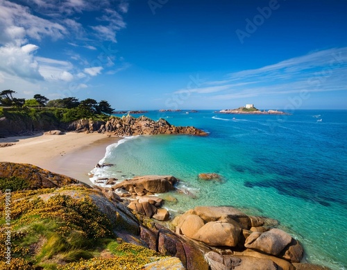 badestrand am meer im sommer tregastel bretagne frankreich photo