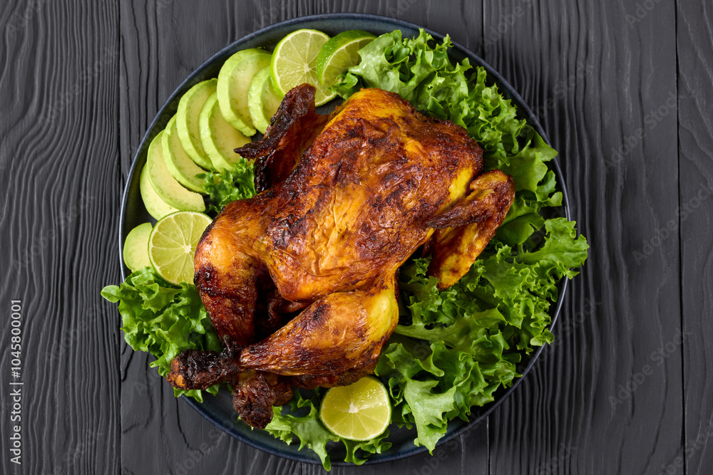 whole roasted chicken with avocado, lime on plate whole roasted chicken with avocado, lime on plate