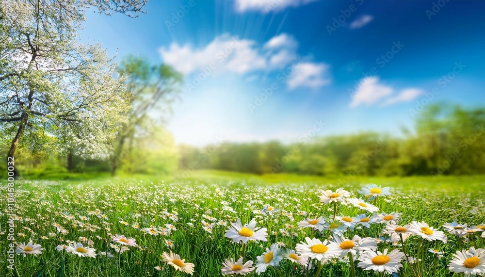 Fototapeta premium beautiful blurred spring background nature with blooming glade chamomile trees and blue sky on a sunny day
