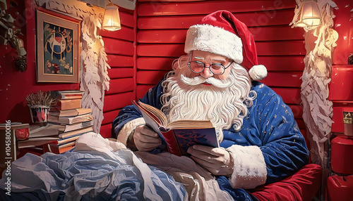 Happy and friendly Santa Clause holding a book and dressed with blue pajamas preparing for sleep.