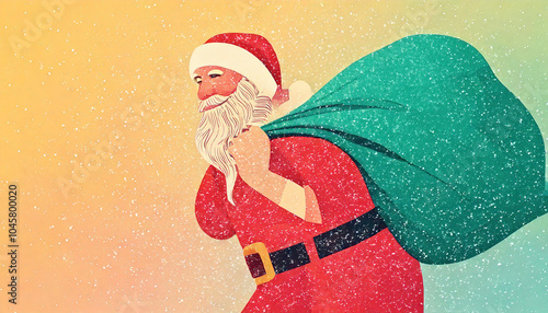 Happy and friendly Santa Clause holding on his back a big Christmas bag, walking under the snow