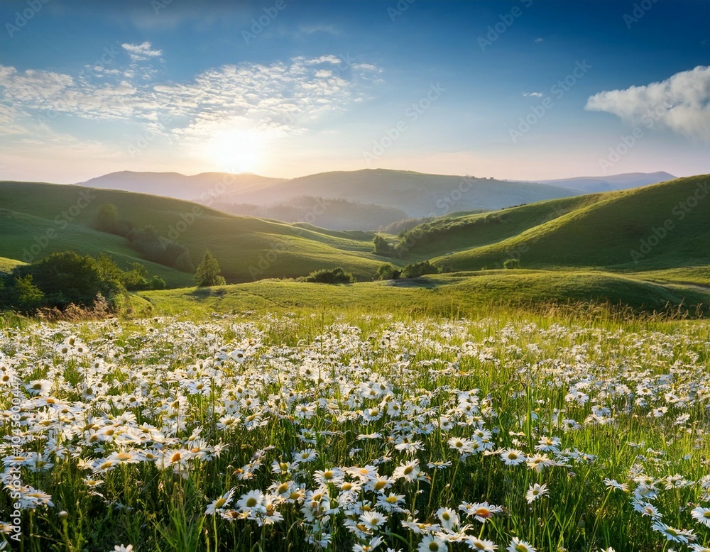 Obraz premium beautiful spring and summer natural landscape with blooming field of daisies in the grass in the hilly countryside