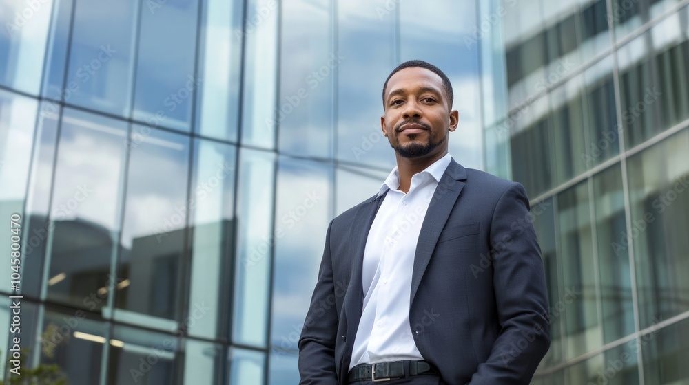 Professional African American businessman confidently standing in a modern urban environment, sleek glass building reflecting ambition and success, embodying contemporary corporate achievements Professional African American businessman confidently standing in a modern urban environment, sleek glass building reflecting ambition and success, embodying contemporary corporate achievements