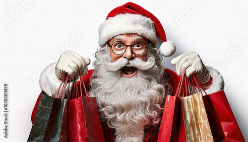 Excited, Happy and friendly Santa Clause holding shopping Christmas bags.