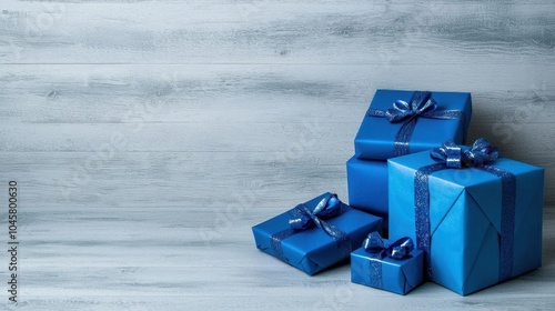 A photostock of wrapped gifts with blue ribbons, white background, celebration theme