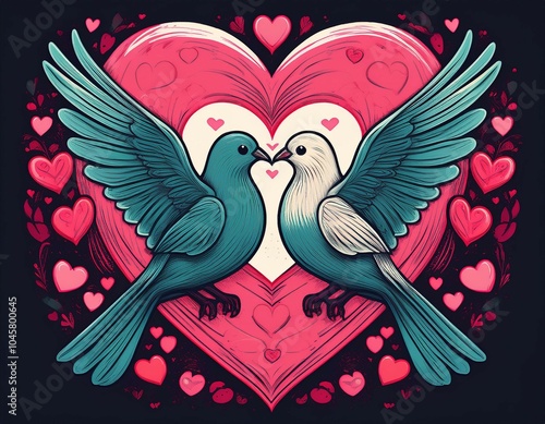 birds and heart valentine s day themed t shirt design with hearts doves and love colors in a vector illustration photo