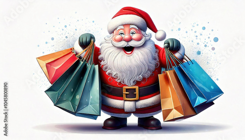 Excited, Happy and friendly Santa Clause holding shopping Christmas bags.